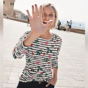 Boden Statement Breton Top Size 6 Black And White Stripe Floral Birds Hearts